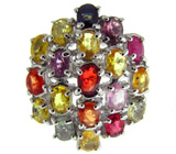 Яркое кольцо с разноцветными сапфирами Серебро 925