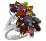 Яркое кольцо с разноцветными турмалинами Серебро 925