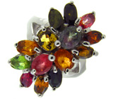 Яркое кольцо с разноцветными турмалинами Серебро 925