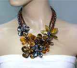 Колье с "цветками" из перламутра, цитринов, тигрового глаза и жемчуга Серебро 925