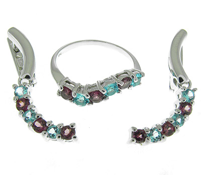 Комплект из коллекции "Spring" с голубыми топазами и родолитами гранатами
