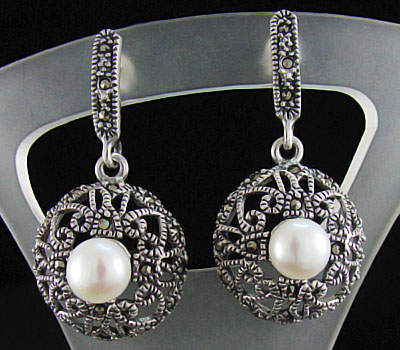 Филигранные серьги с жемчугом и марказитами