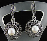 Филигранные серьги с жемчугом и марказитами Серебро 925