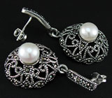 Филигранные серьги с жемчугом и марказитами Серебро 925