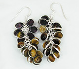 Серьги-гроздья с тигровым глазом и родолитами гранатами Серебро 925