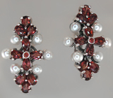 Эффектные серьги с гранатами и жемчугом Серебро 925