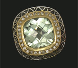 Перстень с зеленым аметистом и цирконами Серебро 925