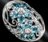 Кольцо с превосходным голубыми цирконами и сапфирами Серебро 925