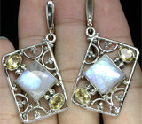 Серьги с лунным камнем и цитринами Серебро 925