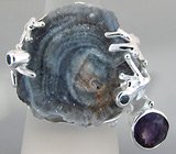 Кольцо с друзой агата, аметистом и сапфирами Серебро 925