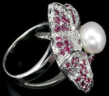 Кольцо-цветок с жемчужиной и сапфирами Серебро 925