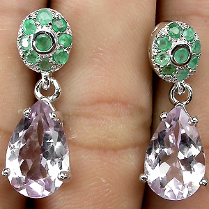 Серьги с розовыми аметистами и изумрудами