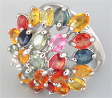 Праздничное кольцо с разноцветными сапфирами Серебро 925