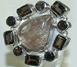 Кольцо с рутиловым кварцем и дымчатыми топазами Серебро 925