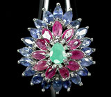 Кольцо с изумрудом и сапфирами Серебро 925