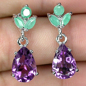 Серьги с аметистами и изумрудами