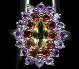 Яркое кольцо с цитрином, гранатами и аметистами Серебро 925