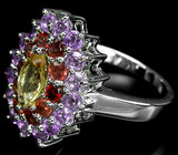 Яркое кольцо с цитрином, гранатами и аметистами Серебро 925