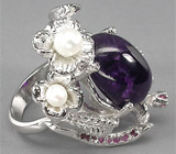 Кольцо со сливовым аметистом-кабошоном и жемчугом Серебро 925