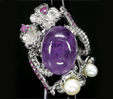 Кольцо со сливовым аметистом-кабошоном и жемчугом Серебро 925