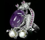 Кольцо со сливовым аметистом-кабошоном и жемчугом Серебро 925