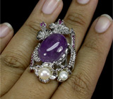 Кольцо со сливовым аметистом-кабошоном и жемчугом Серебро 925