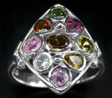 Изящное кольцо с разноцветными турмалинами Серебро 925