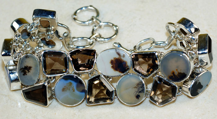 Браслет с пейзажными агатами и дымчатыми топазами