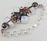 Браслет с гранатами, аметистами и лунным камнем Серебро 925