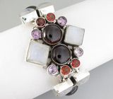 Браслет с гранатами, аметистами и лунным камнем Серебро 925