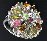 Яркое кольцо с турмалинами, топазами и перидотами Серебро 925