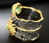 Серебряное кольцо с пренитом и разноцветными сапфирами Серебро 925