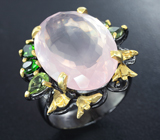 Серебряное кольцо с розовым кварцем, диопсидами и перидотами Серебро 925