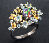 Серебряное кольцо с кристаллическим черным опалом, голубыми топазами и цитринами