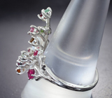 Праздничное серебряное кольцо с жемчугом, разноцветными турмалинами и черными шпинилями Серебро 925