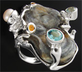 Кольцо с друзой агата, топазами, сапфирами и жемчужиной Серебро 925
