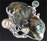 Кольцо с друзой агата, топазами, сапфирами и жемчужиной Серебро 925