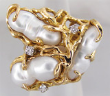 Массивное кольцо с пузырчатым жемчугом и брилилантами Золото
