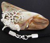 Кулон с радужным перламутром, жемчужиной и сапфиром на шнуре Серебро 925