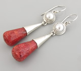 Серьги с кораллами и жемчугом Серебро 925