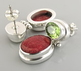 Серьги с кораллами и перидотами Серебро 925