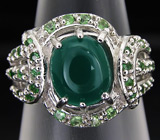 Кольцо с зеленым агатом и цаворитами Серебро 925