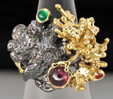 Кольцо из серебра 925 пробы с гранатами и зеленым агатом