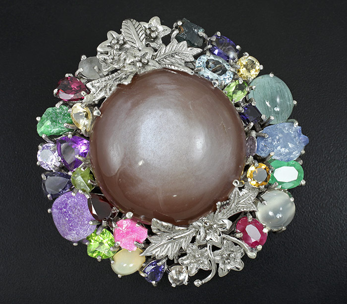 Потрясающая КРУПНАЯ брошь/кулон с лунным камнем и самоцветами! Ручная работа