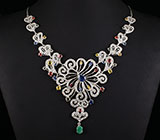 Превосходное колье с изумрудом и разноцветынми сапфирами Серебро 925