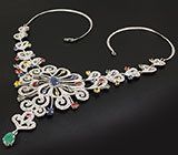 Превосходное колье с изумрудом и разноцветынми сапфирами Серебро 925