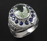 Стильное кольцо с зеленым аметистом и синими сапфирами Серебро 925