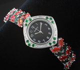 Серебряные часы с цаворитами, оранжевыми и зелеными сапфирами Серебро 925