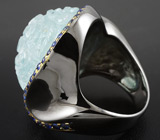 Кольцо c крупным резным аквамарином и синими сапфирами Серебро 925