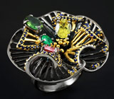 Серебряное кольцо c разноцветными турмалинами, изумрудом и синими сапфирами Серебро 925